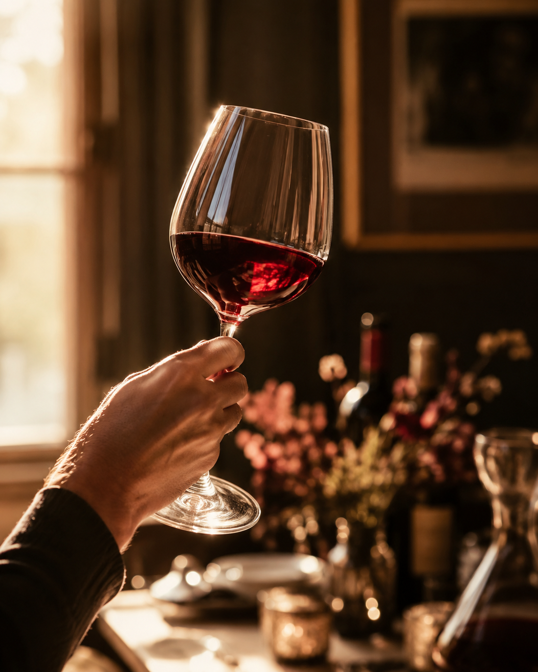 Person betrachtet ein Glas Rotwein gegen warmes Licht in stilvollem Ambiente