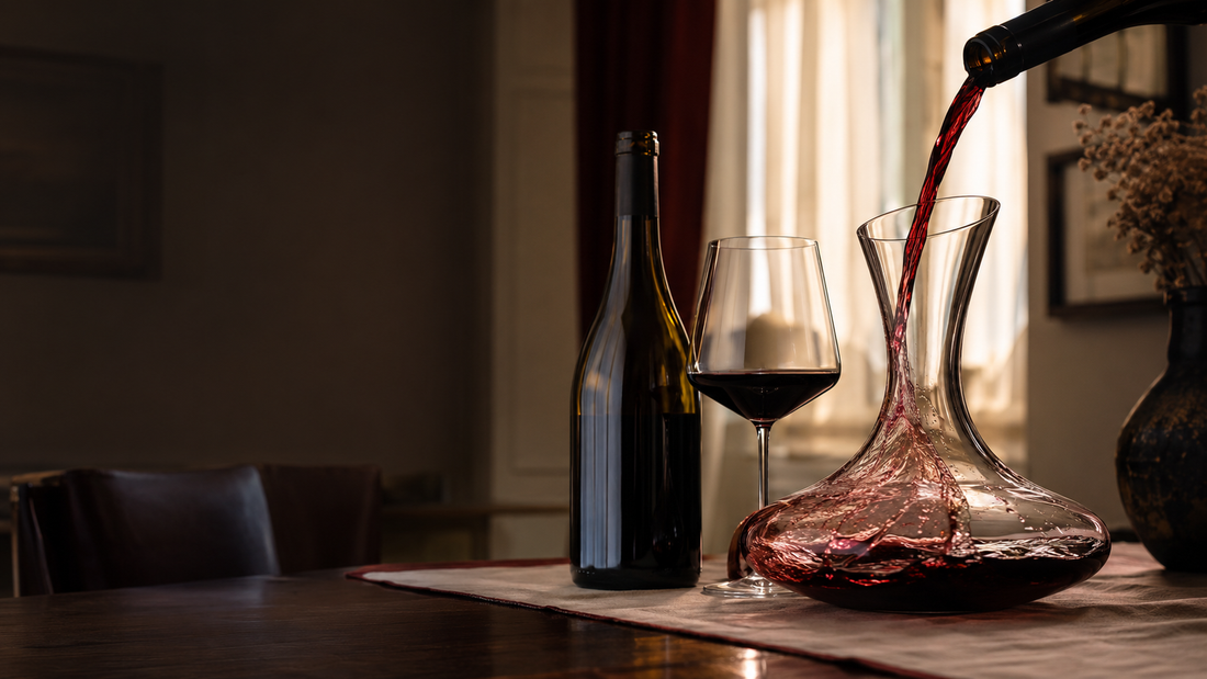 Rotwein wird stilvoll in einen Glasdekanter gegossen