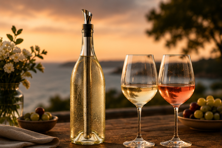 Weißwein und Roséwein bei optimaler Trinktemperatur auf einem stilvoll gedeckten Tisch