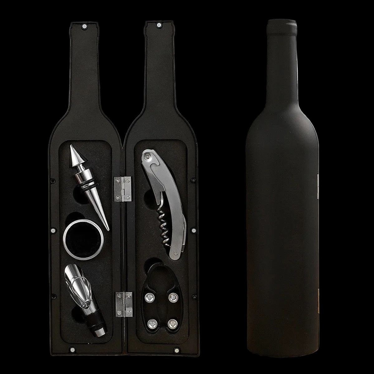 Weinflasche mit Zubehör aus dem fünfteiligen Wein-Geschenkset