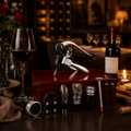 Sommelier-Weinset in roter Holzkiste bei einem stilvollen Weinabend