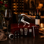 Sommelier-Weinset in roter Holzkiste bei einem stilvollen Weinabend
