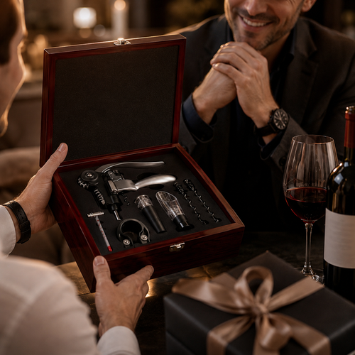 Sommelier-Weinset in roter Holzkiste als Geschenk für Weinliebhaber