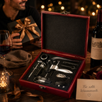 Geöffnetes Sommelier-Weinset mit Weinaccessoires in roter Holzkiste