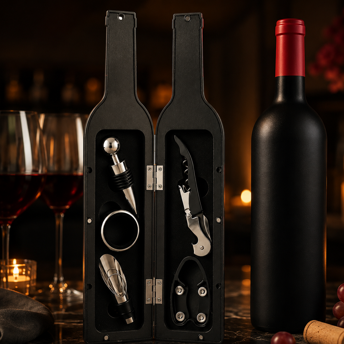 Wein-Geschenkset im Flaschendesign in Anthrazit, Schwarz und Rot