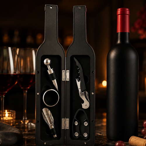 Wein-Geschenkset im Flaschendesign in Anthrazit, Schwarz und Rot