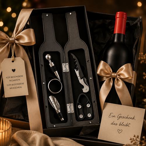 Geöffnetes Wein-Geschenkset im Flaschendesign mit fünf Accessoires