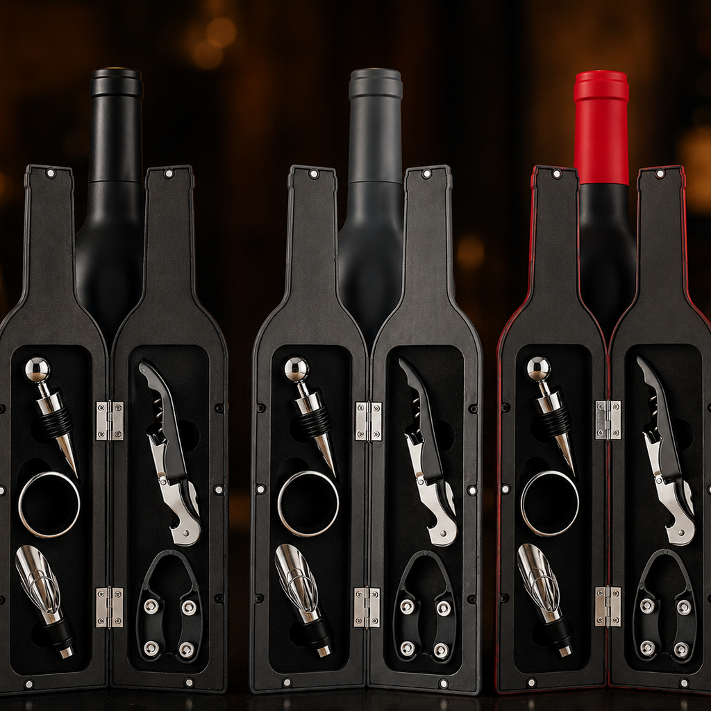Fünf Weinaccessoires passgenau im dekorativen Flaschendesign verstaut