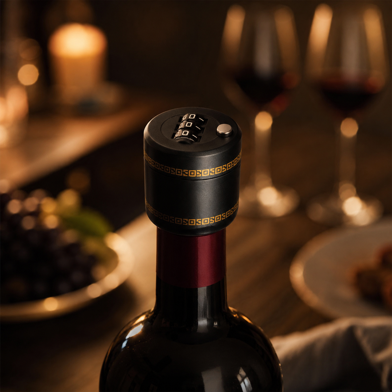 Schwarzes Weinschloss mit Zahlencode auf einer Weinflasche