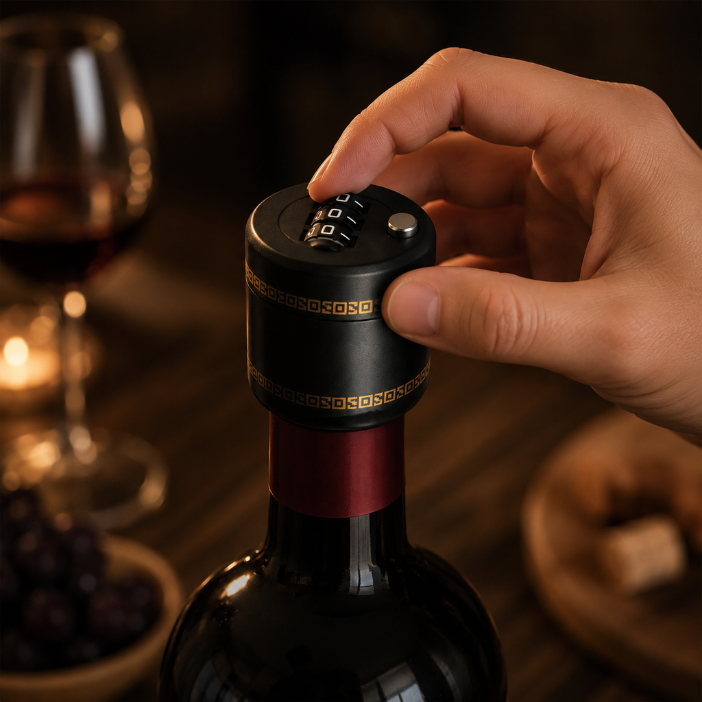 Weinschloss wird auf dem Flaschenhals angebracht
