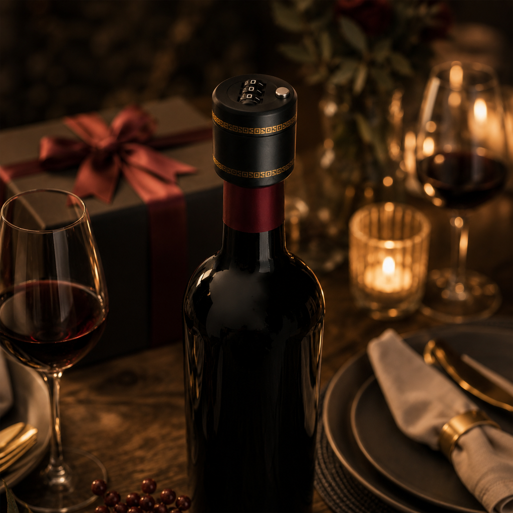Nahaufnahme des schwarzen Weinschlosses mit Zahlenrädern